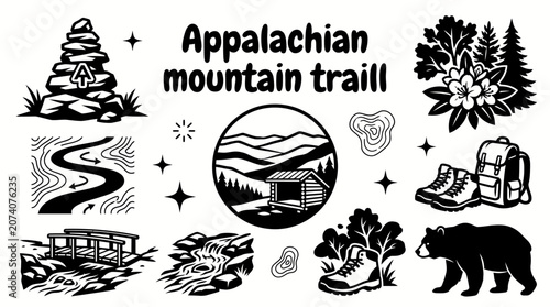 Obraz na płótnie Appalachian mountain trail vector collection isolated for forest hiking, American countryside, mountain landscapes, and outdoor adventure concepts