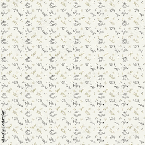 Seamless Kids Cartoon Airplane and Helicopter Pattern with Cute Doodle Vehicles