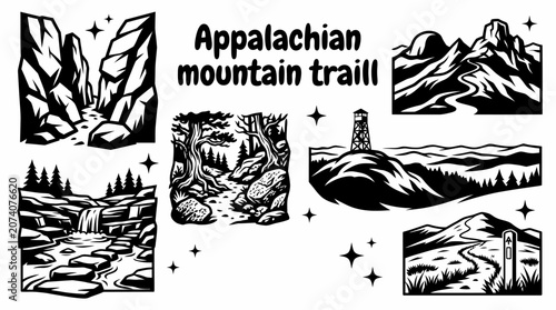Photos Appalachian mountain trail vector collection isolated for forest hiking, American countryside, mountain landscapes, and outdoor adventure concepts