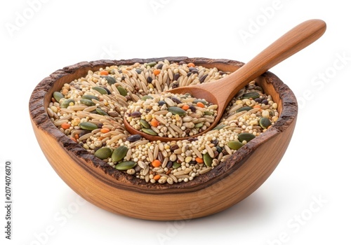 Wooden spoon filled with colorful mixed grains and seeds for healthy cooking