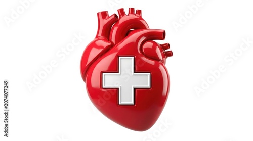 A 3D illustration of a human heart with a white medical cross on it