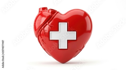 A 3D rendering shows a damaged red heart with a white cross on it.
