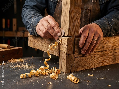 Craftsman using chisel on wooden furniture piece.