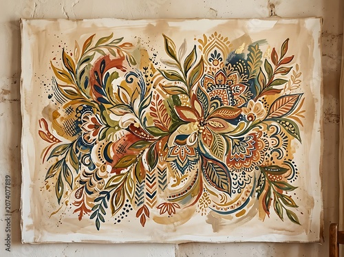 Vintage Floral Artwork on Aged Parchment Paper.