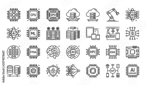 Modern semiconductor outline icons with processor AI hardware robotics and cloud technology