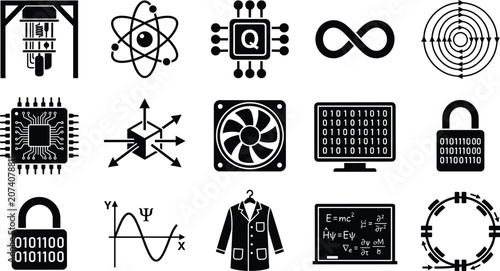 Εκτύπωση καμβά Advanced quantum computing and theoretical physics laboratory research icons set