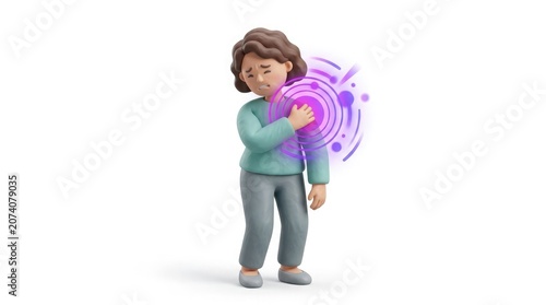 A person clutching their injured upper body in pain with a purple graphic behind.