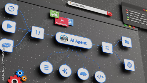 AI Workflow Automation. Smart AI Assistant, Artificial Intelligence Software Interface Nodes Triggers Data Tool Dashboard, Coding, Process Flow, Digital Transformation. 3D Render