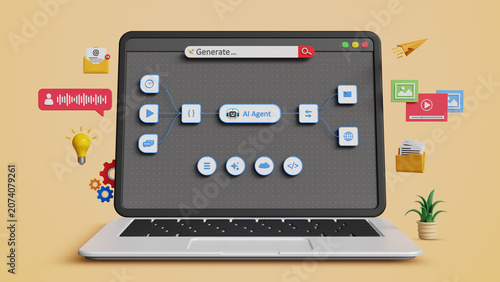 Artificial Intelligence Assistant, Autonomous Automation. AI Agent Managing Workflow Automation on a Laptop. Machine Learning, Business Productivity, Digital Transformation. 3D Render