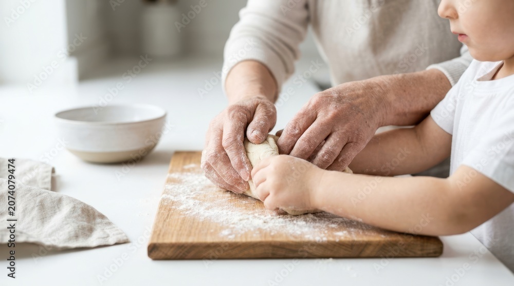 Fototapeta premium Close-up of a senior person and a young child baking together, kneading raw dough in a bowl. Generation connection, family tradition, and culinary education concept.