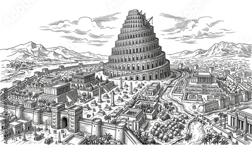 Canvas-taulu Vintage Tower of Babel Engraving Ancient Babylon Mesopotamian Civilization Hand