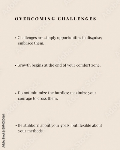 Overcoming challenges minimalist inspirational quote poster corporate success teamwork mindset company values typography on beige background