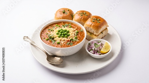 Delicious Indian street food Pav Bhaji topped with grated cheese and green peas, isolated on white.
