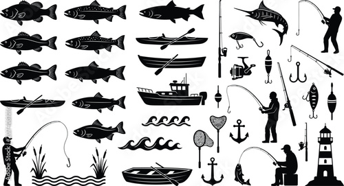 Obraz na płótnie Collection of black silhouette fishing fish, people, boats, rods, and lighthouse