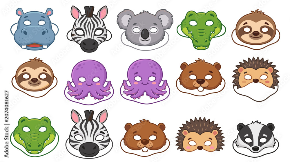 Obraz premium Cute animal face mask set with cartoon wildlife characters