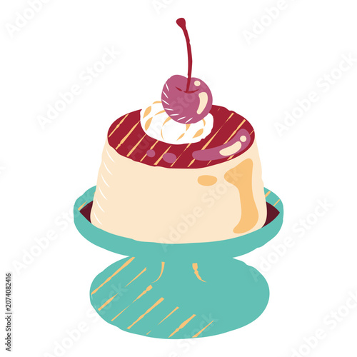 Lineless Retro Custard Pudding With Cherry Illustration