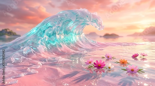 A surreal, dreamy ocean wave made of translucent, crystal like water crashing on a soft pink sand beach at sunset