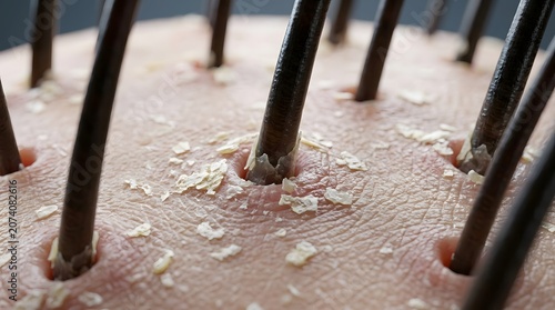 Closeup of human scalp with hair follicles and dandruff flakes, illustrating seborrheic dermatitis or dry scalp condition