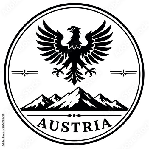 Black and white emblem of Austria with eagle and mountains