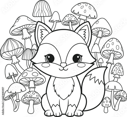 Cute fox surrounded by mushrooms black and white line art illustration