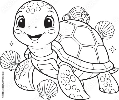 Smiling sea turtle cartoon with seashells