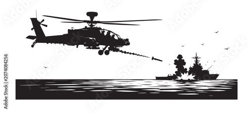Cuadro en lienzo Military Attack Helicopter Flying Over Battlefield Combat Aviation Illustration