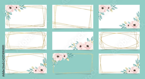 Elegant Floral Place Card Templates, Watercolor Flowers, Gold Geometric Frames