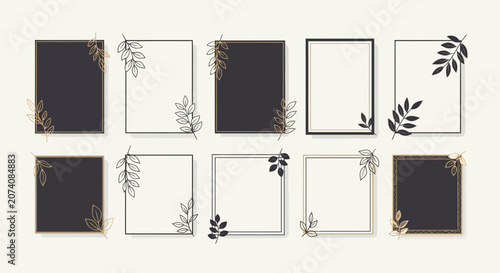 Elegant Floral Square Frames with Leaf Accents, Gold and Black Design