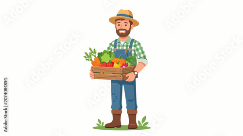 Farmer holding wooden crate of fresh organic vegetables harvested from farm
