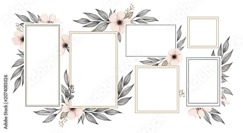 Floral Photo Collage Frame, Empty Frames with Delicate Flowers and Leaves