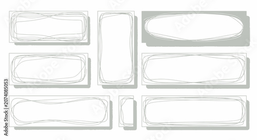 Hand-drawn speech bubbles, frames, shapes, placeholders for text, design elements.