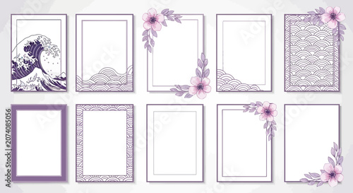 Japanese Wave & Floral Frames - Vector Design Set