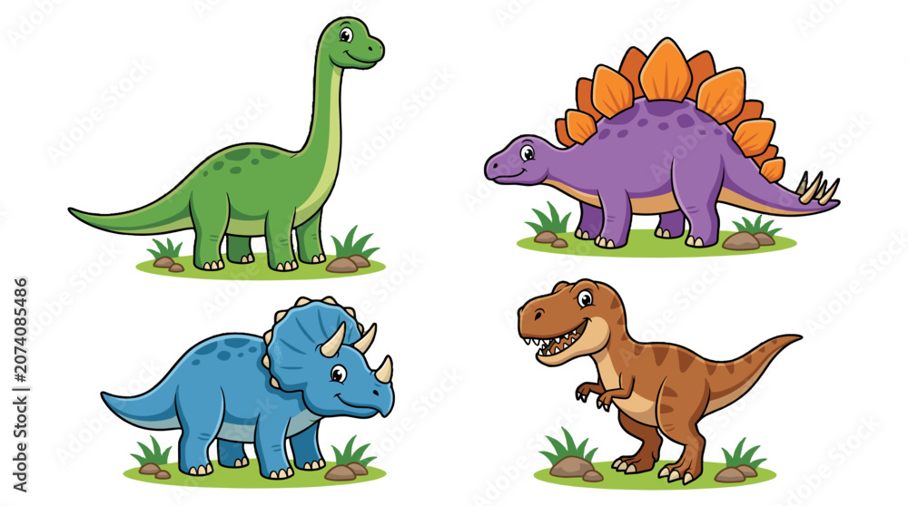 Obraz premium Cartoon dinosaur set with four colorful prehistoric reptiles
