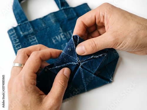 Person holding blue denim jeans with hands.