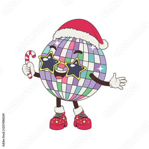 Cute Christmas disco ball vector mascot in flat comic style with Santa hat and gift for energetic retro 70s holiday dance music party celebration concept isolated on white.