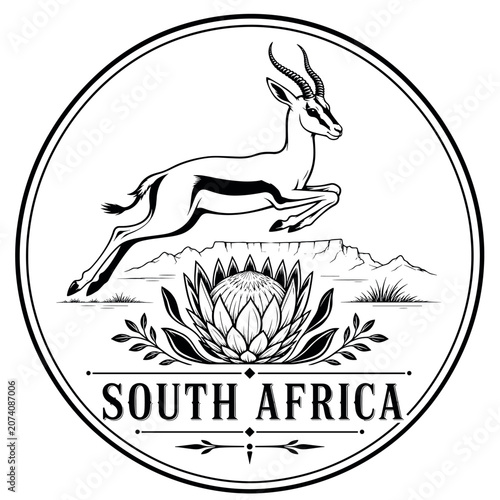 South Africa emblem with springbok, protea, and Table Mountain