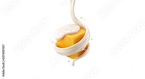 Distant shot of a mango cube wrapped in a silky white condensed milk stream