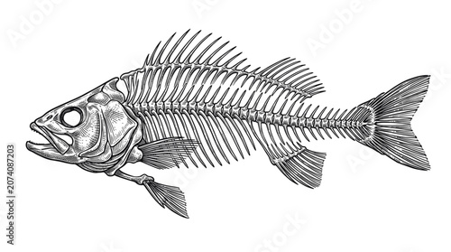Fish Skeleton Anatomy Vintage Engraved Ink Illustration