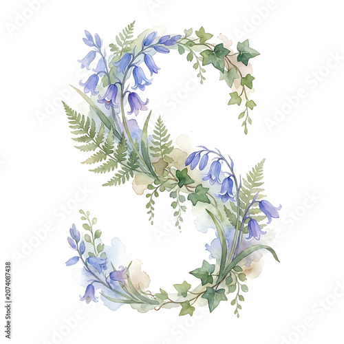 Hand-painted watercolor floral alphabet letter S clipart for alphabet letters with bluebells and ferns