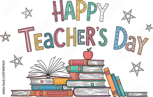 Happy teacher's day illustration with books and apple educational appreciation concept