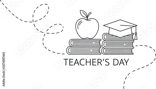 Teacher's day line art apple books and graduation cap educational illustration