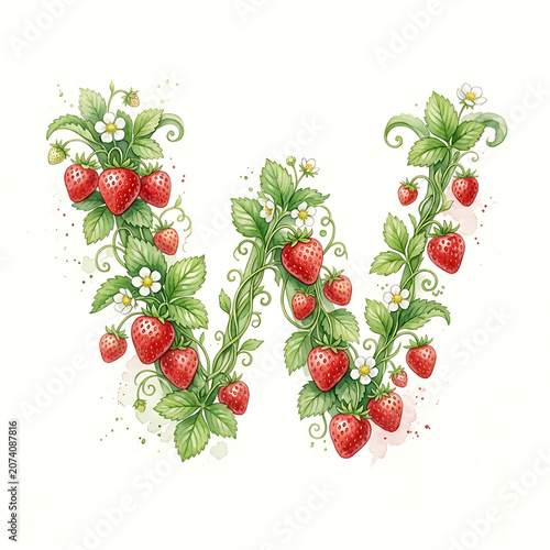 Floral Letter W with Strawberries Clipart for Alphabet Letters Decoration