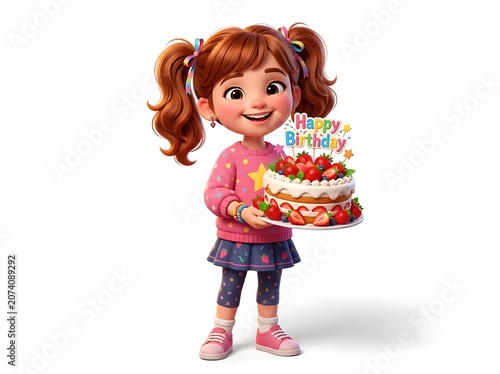 Happy young girl holding colorful cupcakes with sprinkles.