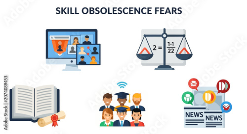 Photos A graphic featuring the text SKILL OBSOLESCENCE FEARS above five flatstyle icons
