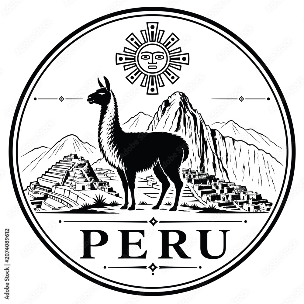 Obraz premium Peru national symbol: llama, Machu Picchu, sun, mountains, and t