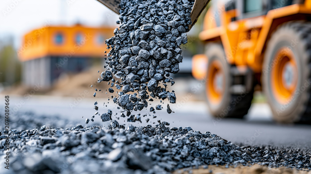 Obraz premium Fresh hot asphalt mix being poured from dump truck onto prepared road base at construction site, material delivery concept, road building process photography, defocused street