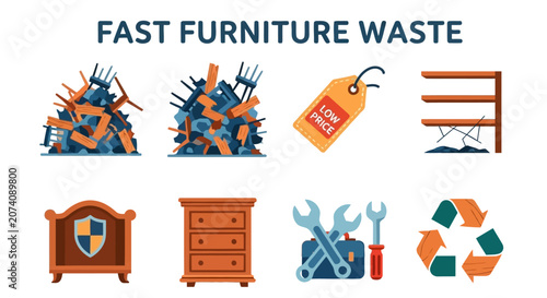 Fotografie Icons depict furniture waste including heaps of debris a low price tag damaged s