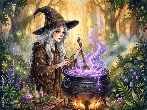 Mystical woman in enchanted forest with glowing flowers.