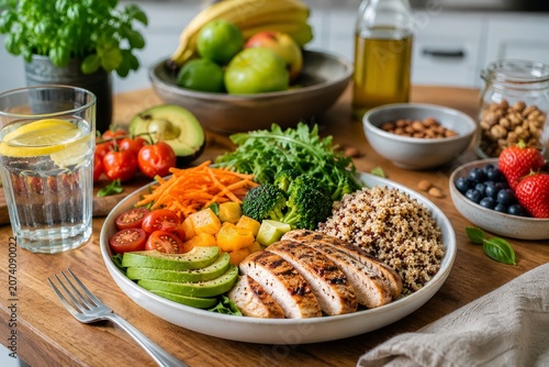 Fresh Healthy Meal With Vegetables Fruits And Balanced Nutrition On Kitchen Table, Natural Food Photography Featuring Clean Eating And Wellness Lifestyle Concept
