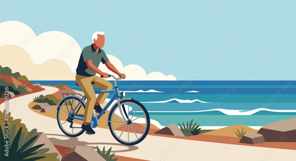 Fototapeta premium Vector illustration of an active senior man with white hair riding a blue bicycle on a scenic coastal path by the ocean beach with waves under a clear sky and large white clouds.